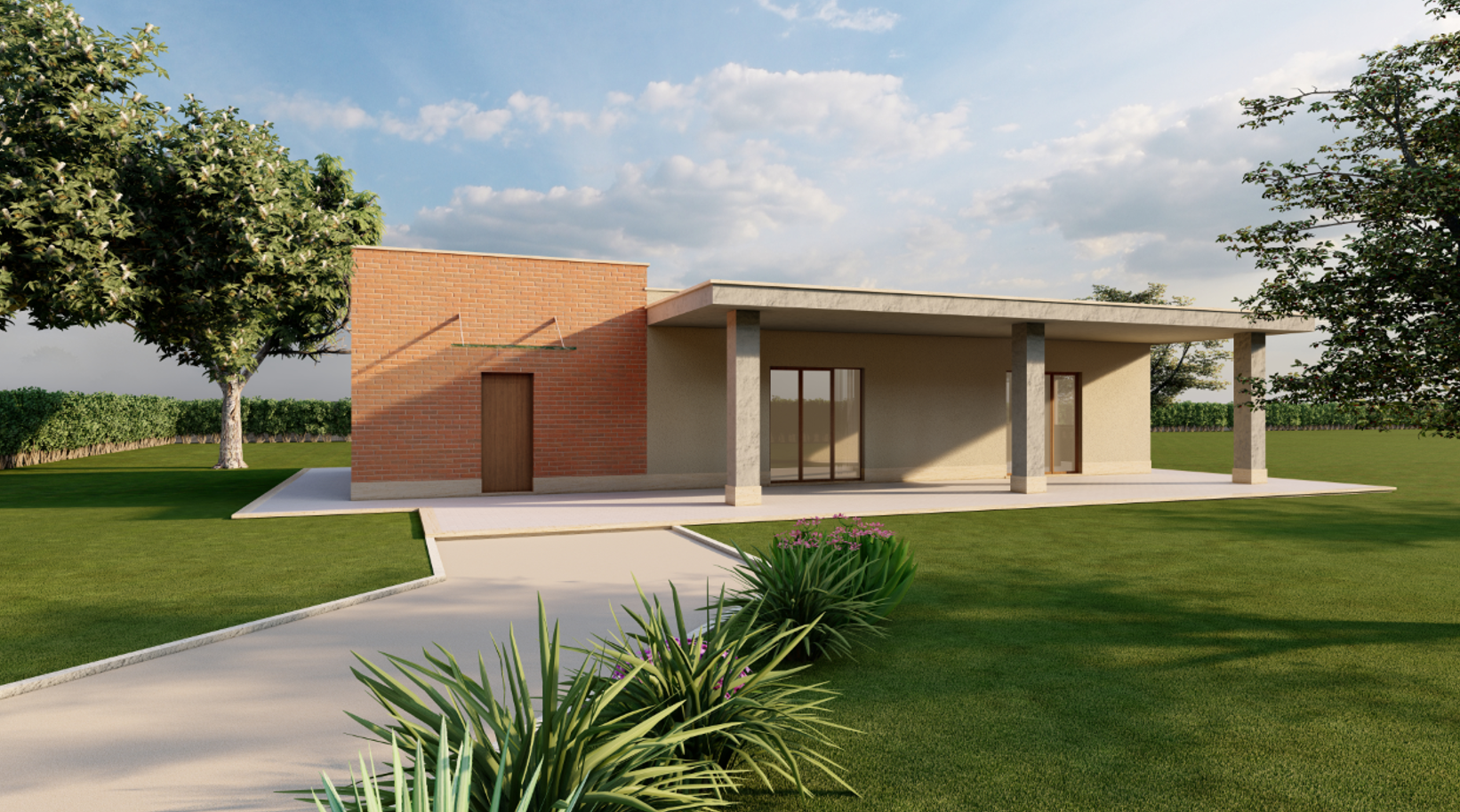 Rendering del progetto di edificio polifunzionale immerso nel verde